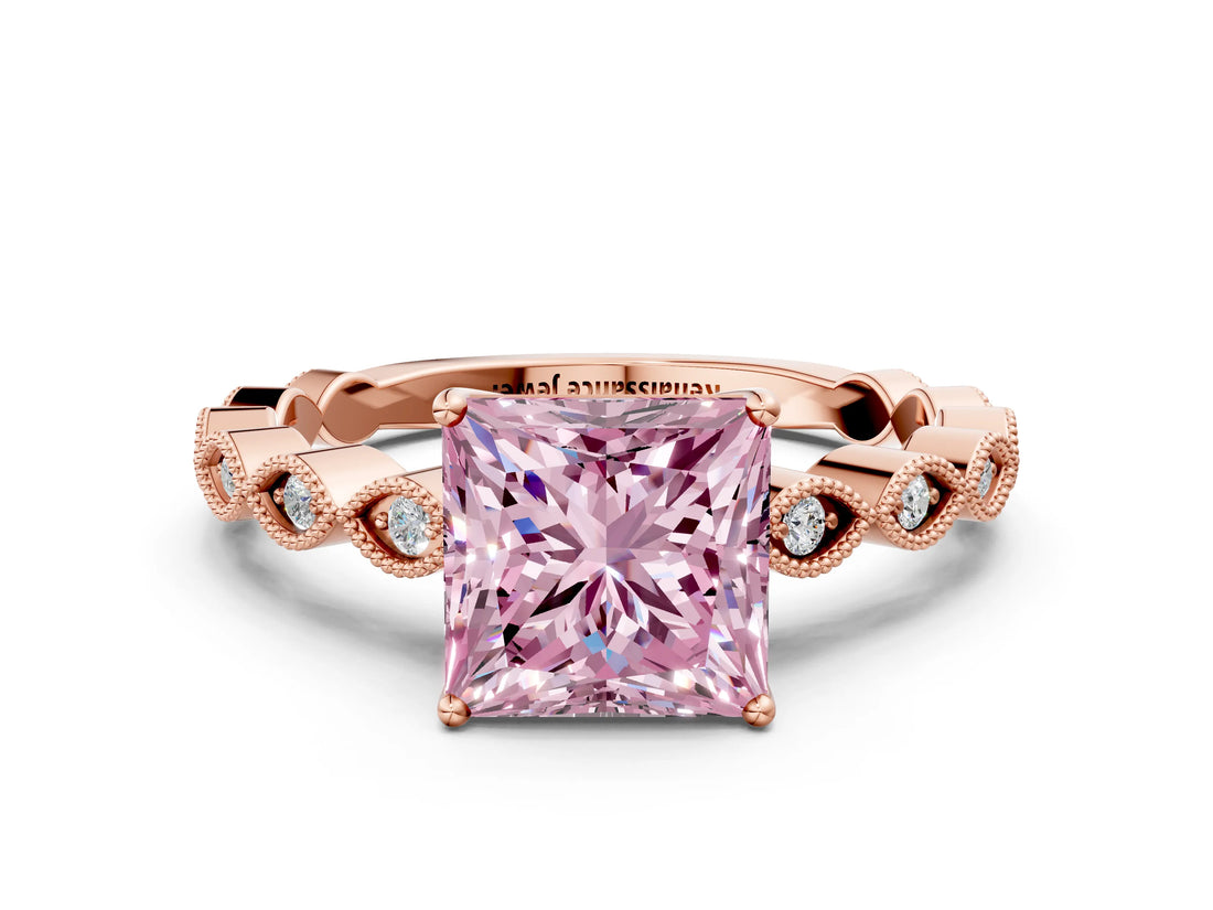 Rose gold Fancy Pink Princess Cut Solitaire Diamond Ring with Infinity Twist Band and Four-Prong Setting