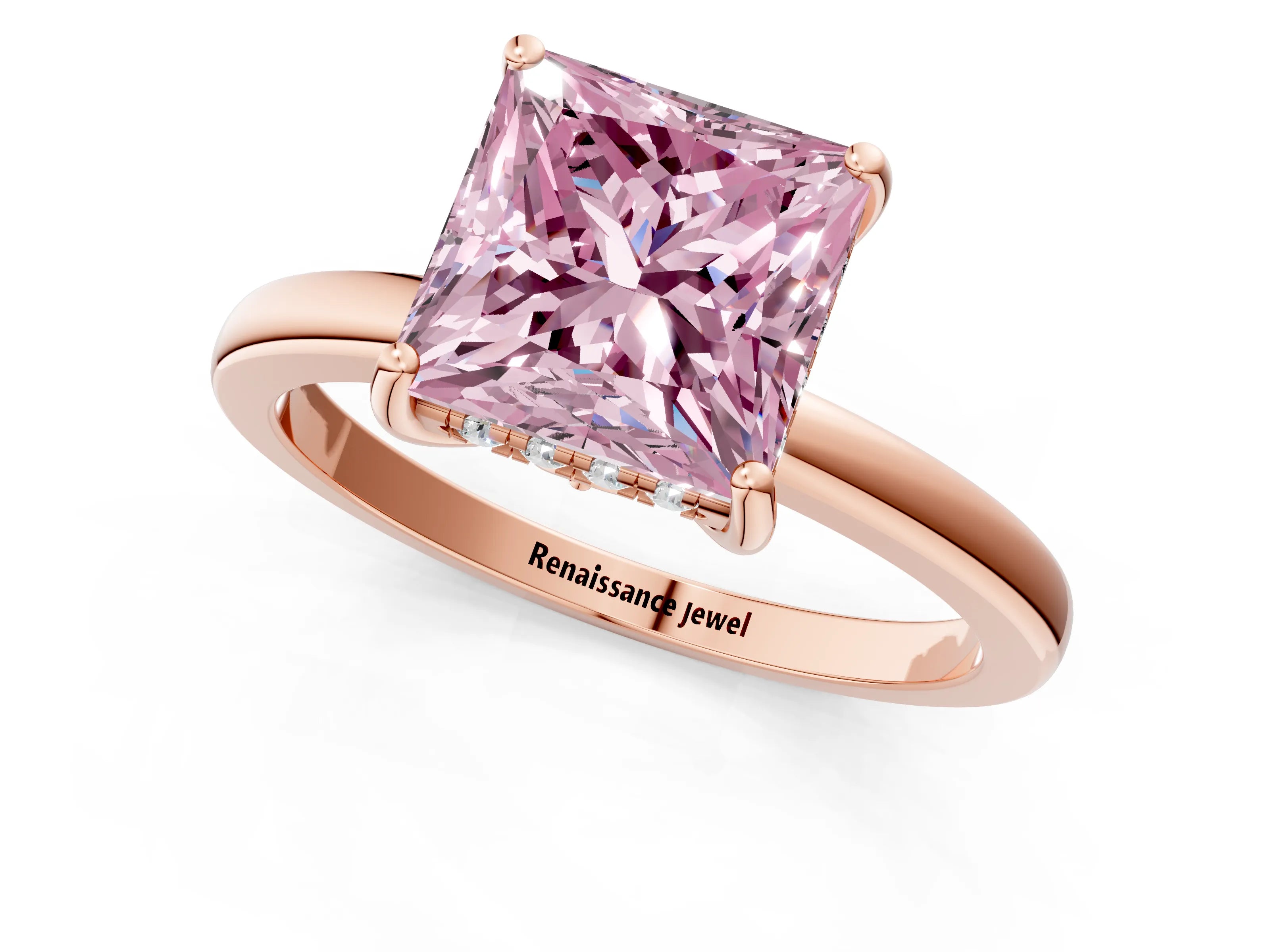Rose gold Fancy Pink Princess Cut Solitaire Diamond Ring with Prong Setting and Plain Band_1