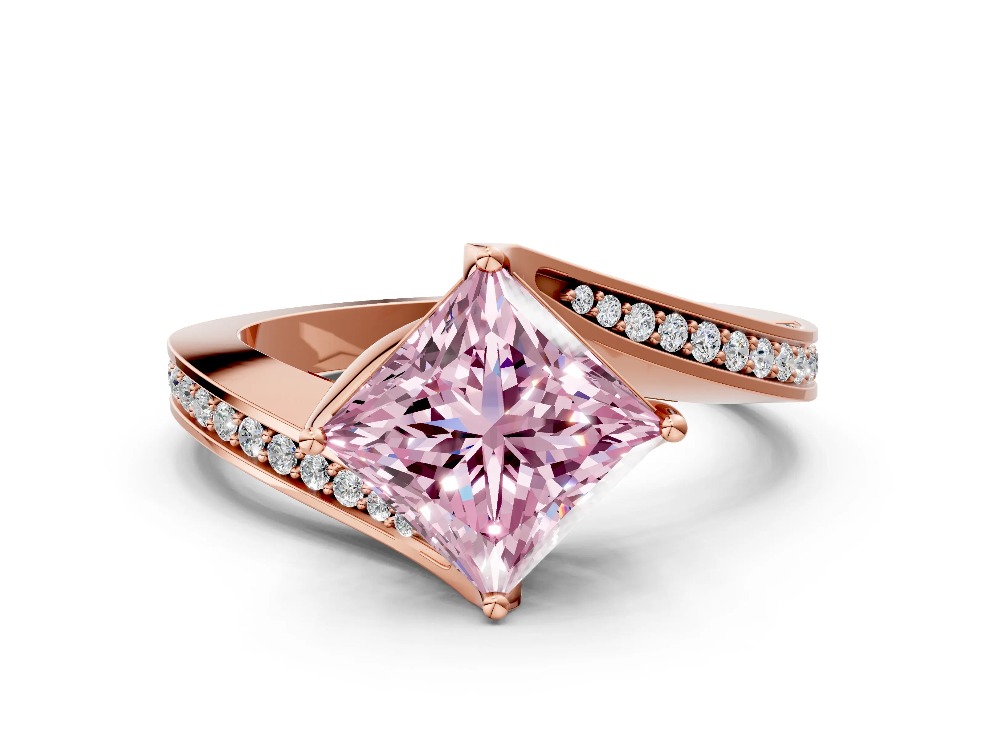 Rose gold Fancy Pink Princess Cut Solitaire Diamond Twist Band with Pavé Setting and Four-Prong Setting