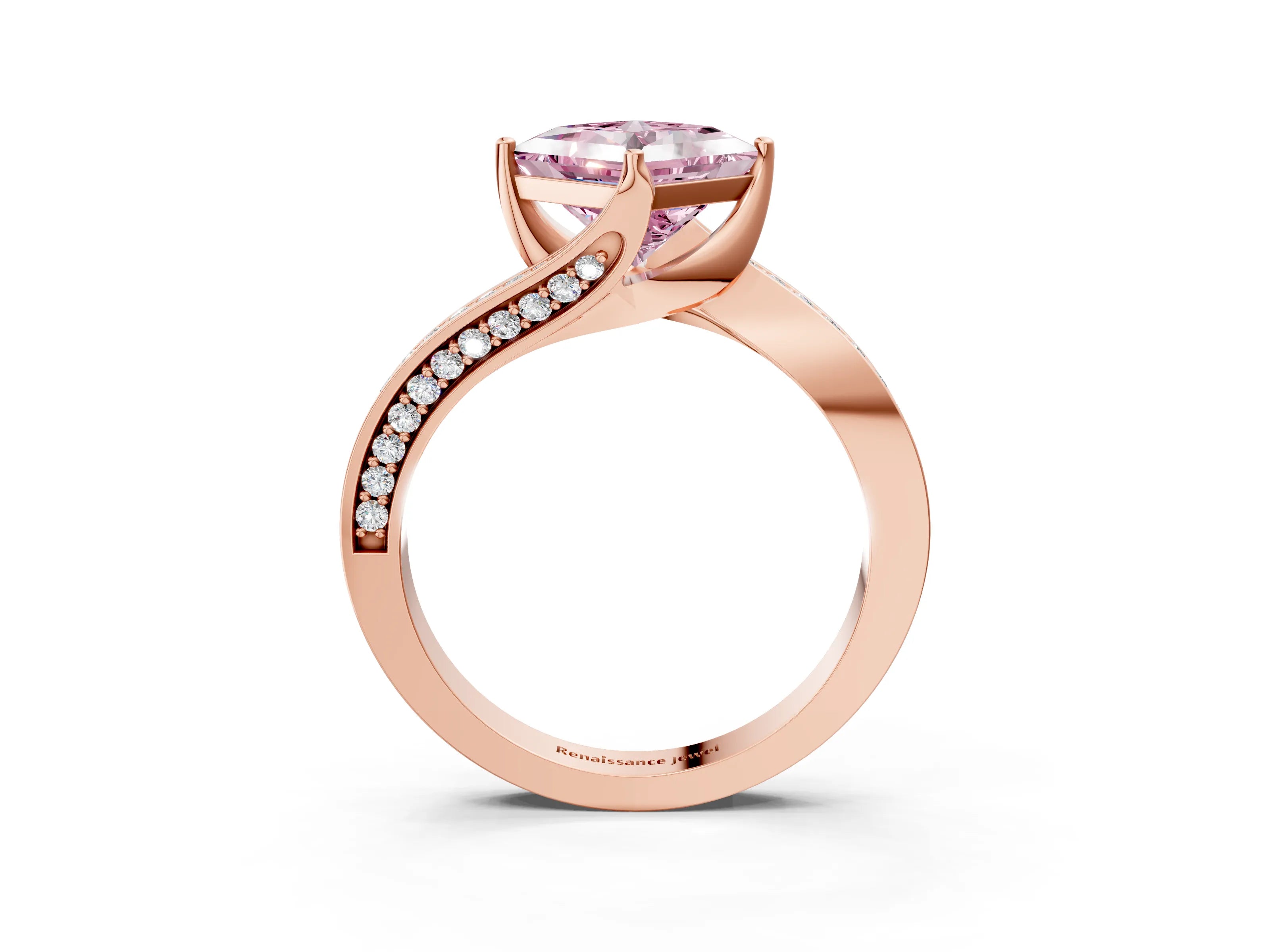 Rose gold Fancy Pink Princess Cut Solitaire Diamond Twist Band with Pavé Setting and Four-Prong Setting_3