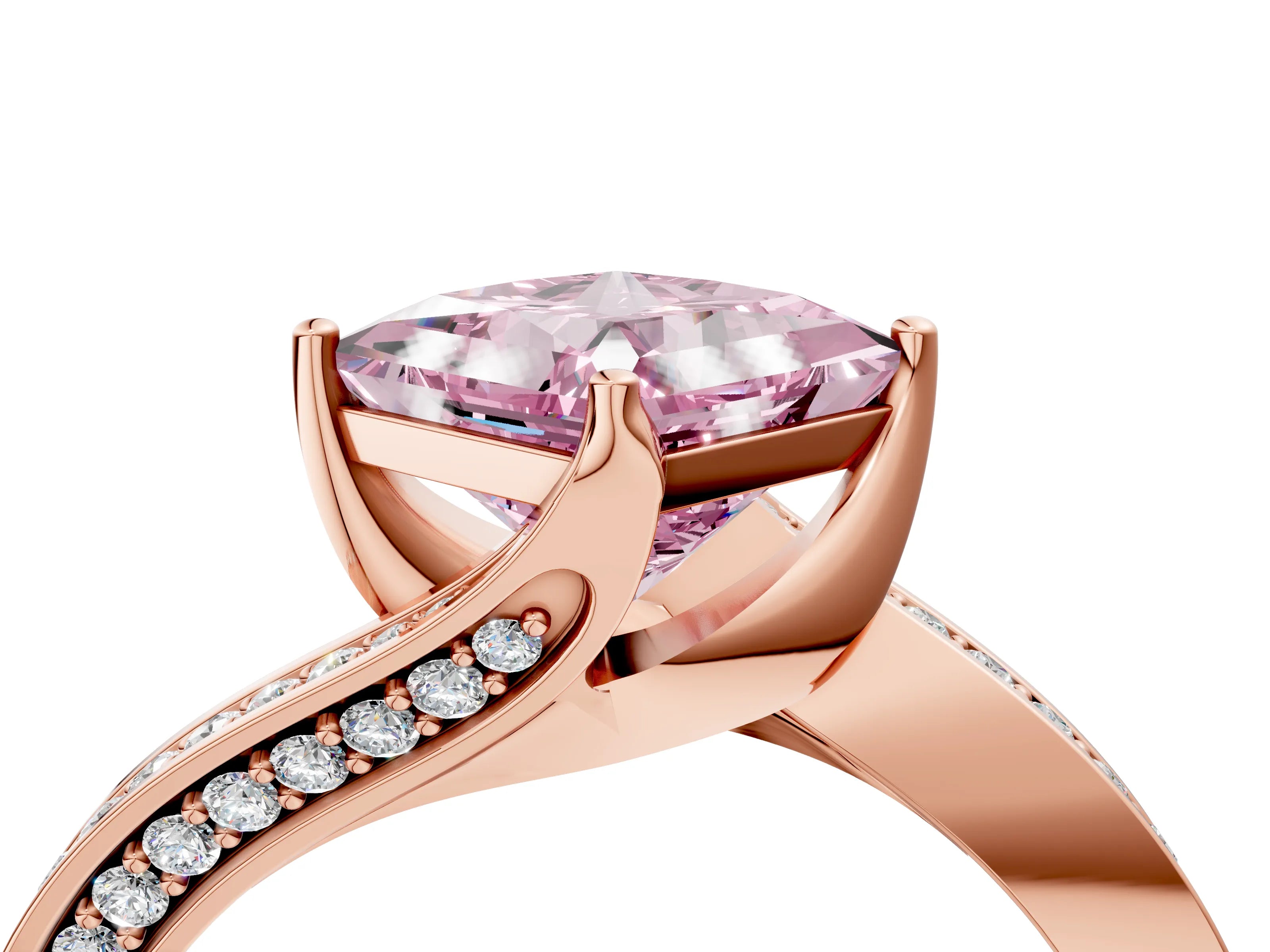 Rose gold Fancy Pink Princess Cut Solitaire Diamond Twist Band with Pavé Setting and Four-Prong Setting_4