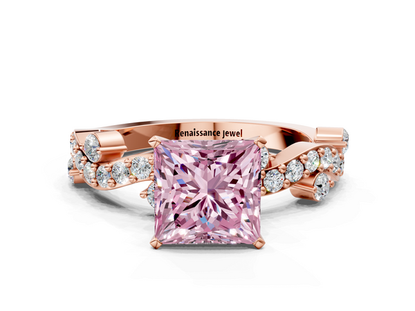 Rose gold Fancy Pink Princess  Cut Solitaire Diamond Twisted Band with Pave Setting