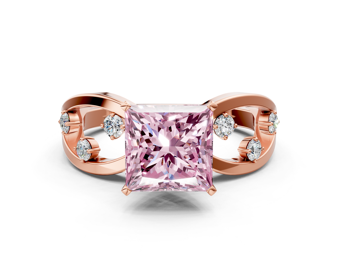 Rose gold Fancy Pink Princess  Cut Solitaire Diamond with Side Stones on Criss-Cross Band and Four-Prong Setting