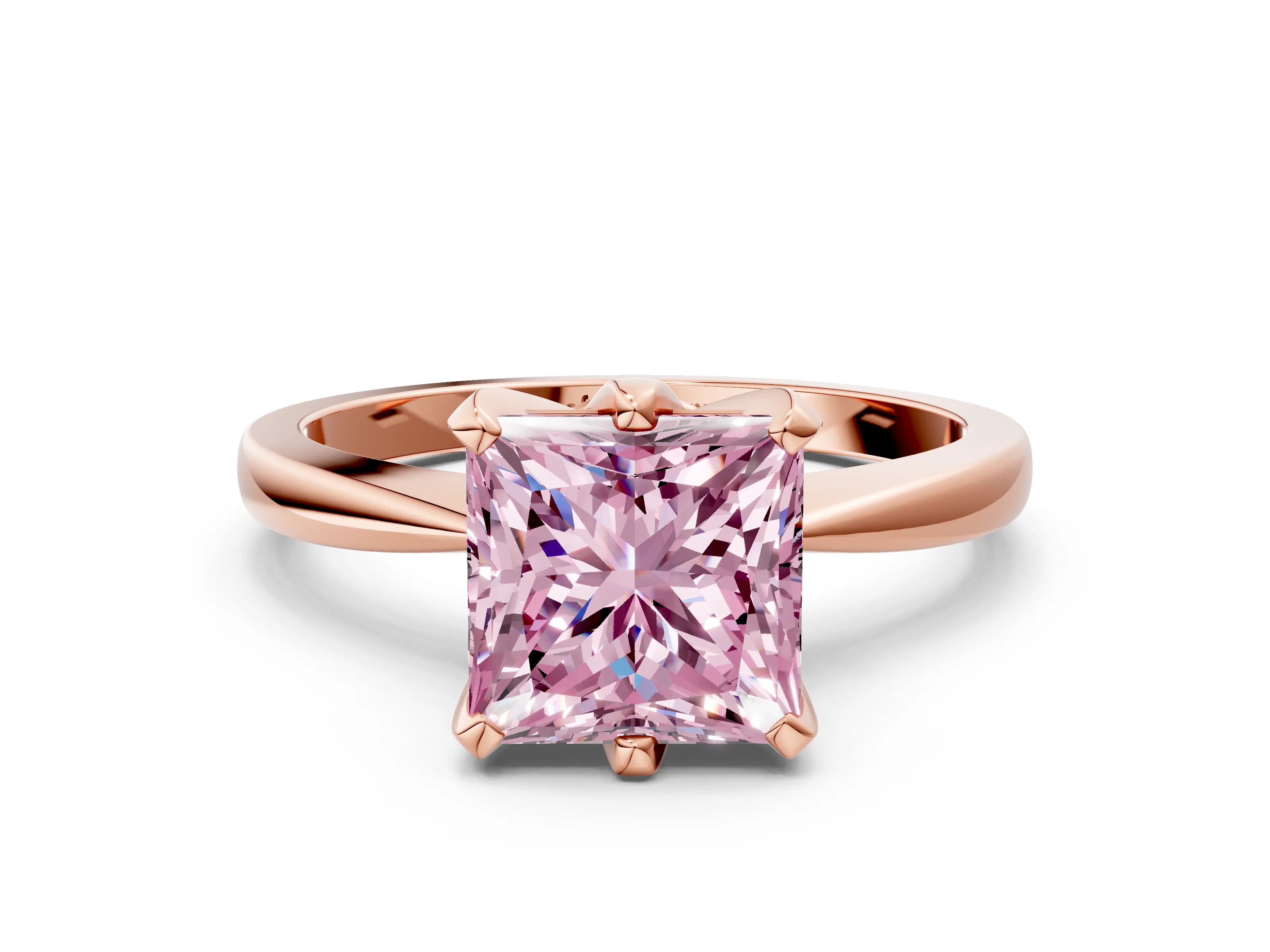 Rose gold Fancy Pink Princess Cut Solitaire Engagement Ring with Six-Prong Setting and Tapered Band