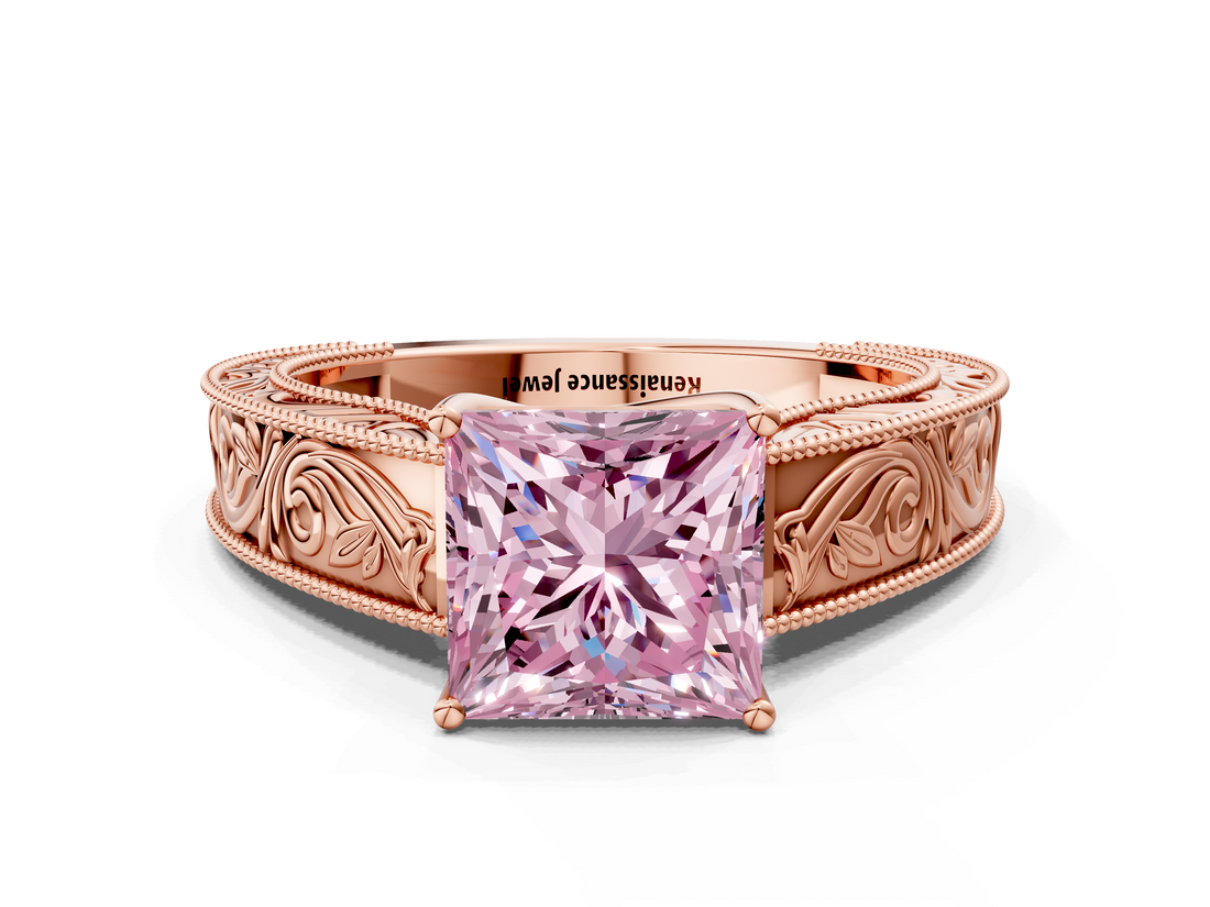 Rose gold Fancy Pink Princess  Cut Solitaire Engraved Band with Four-Prong Setting