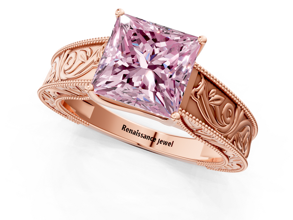 Rose gold Fancy Pink Princess Cut Diamond Solitaire Ring with Engraved Band and Four-Prong Setting