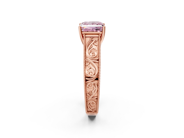 Rose gold Fancy Pink Princess Cut Diamond Solitaire Ring with Engraved Band and Four-Prong Setting