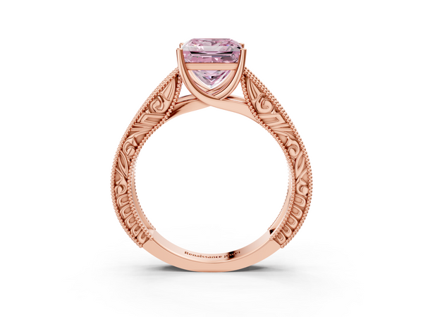 Rose gold Fancy Pink Princess Cut Diamond Solitaire Ring with Engraved Band and Four-Prong Setting