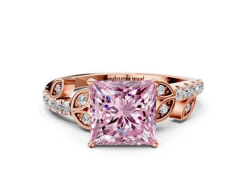 Rose gold Fancy Pink Princess Cut Solitaire Leaf-Inspired Diamond Ring with Pavé Band and Four-Prong Setting_12