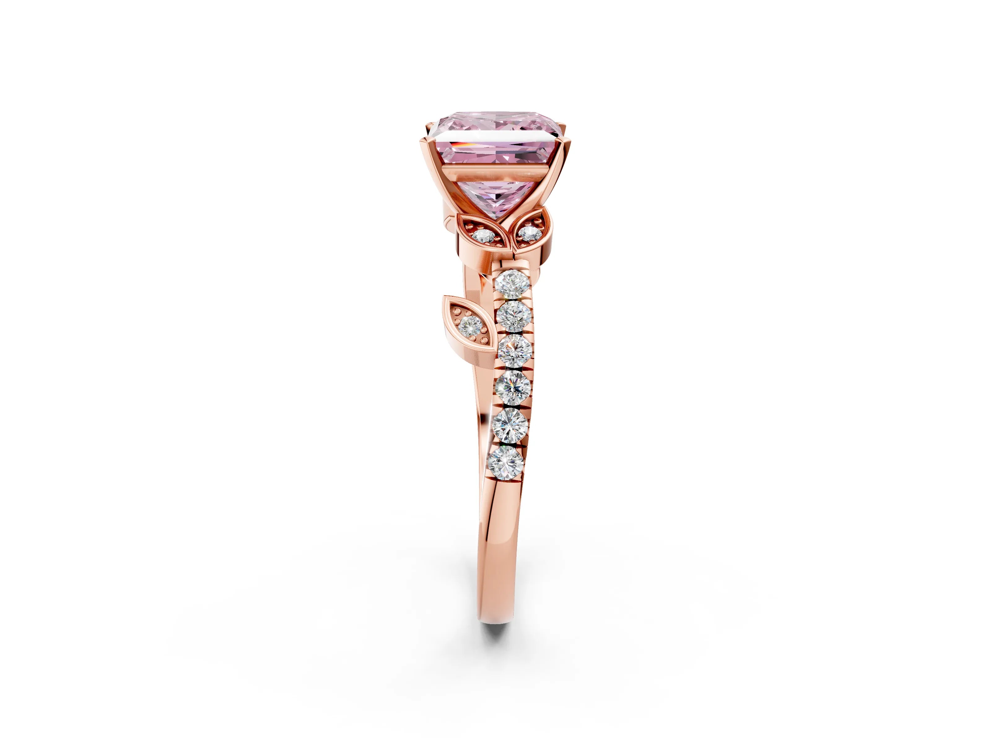 Rose gold Fancy Pink Princess Cut Solitaire Leaf-Inspired Diamond Ring with Pavé Band and Four-Prong Setting_14