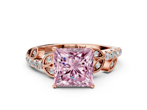 Rose gold Fancy Pink Princess Cut Solitaire Leaf-Inspired Diamond Ring with Pavé Band and Four-Prong Setting_24