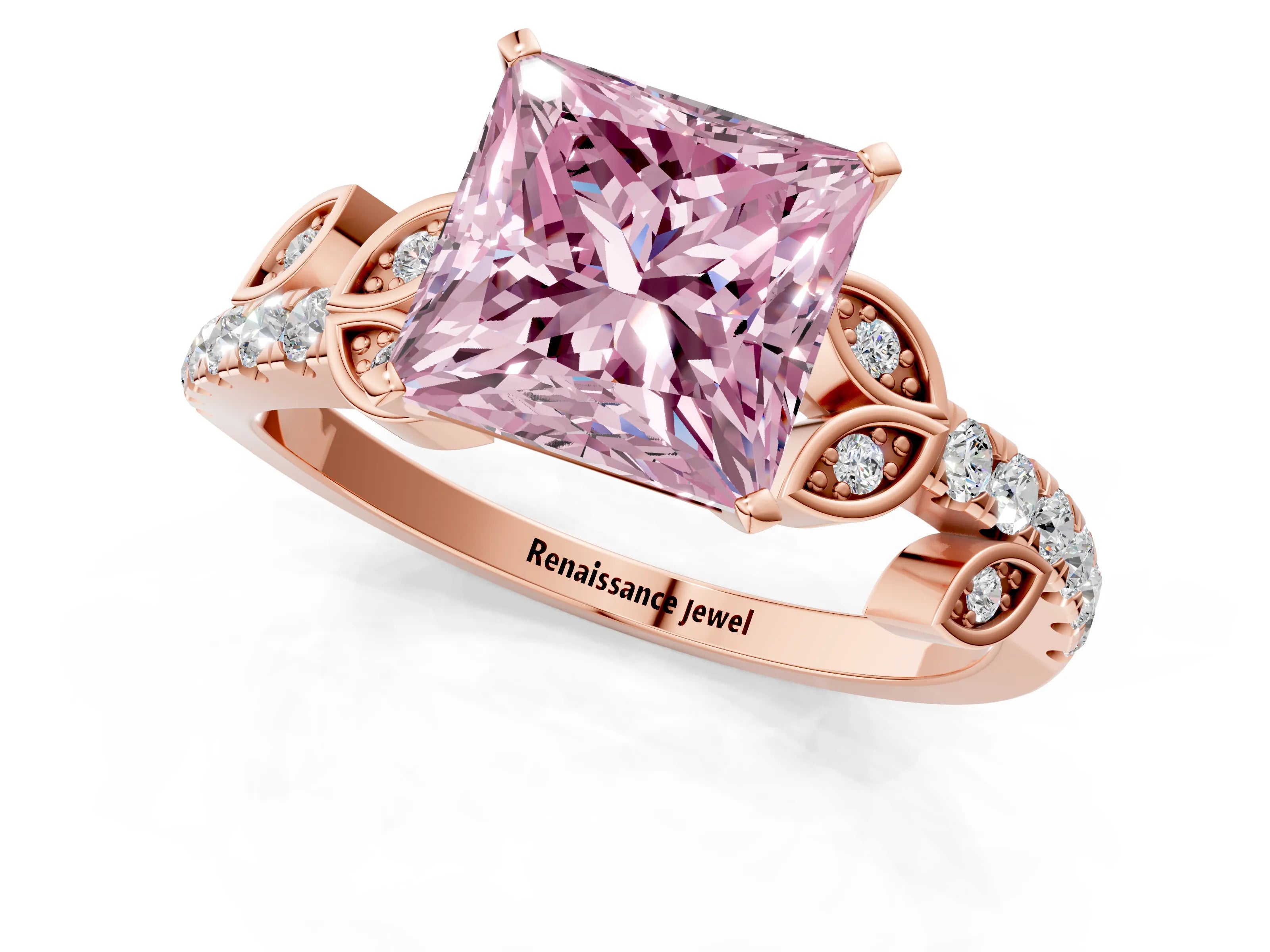 Rose gold Fancy Pink Princess Cut Solitaire Leaf-Inspired Diamond Ring with Pavé Band and Four-Prong Setting_25