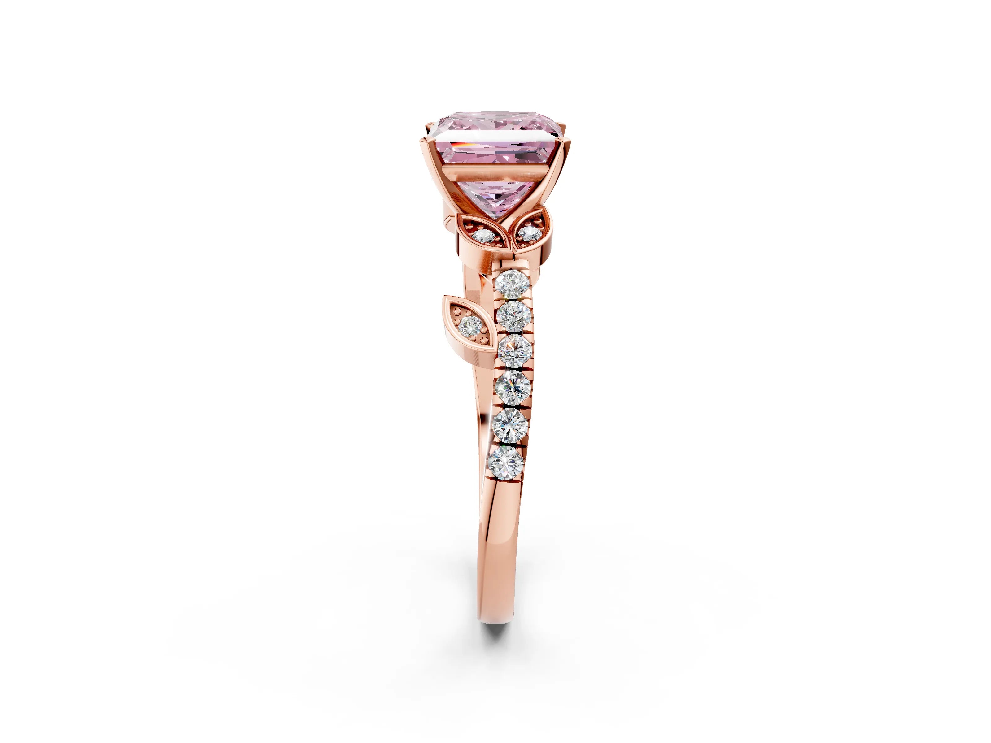 Rose gold Fancy Pink Princess Cut Solitaire Leaf-Inspired Diamond Ring with Pavé Band and Four-Prong Setting_26