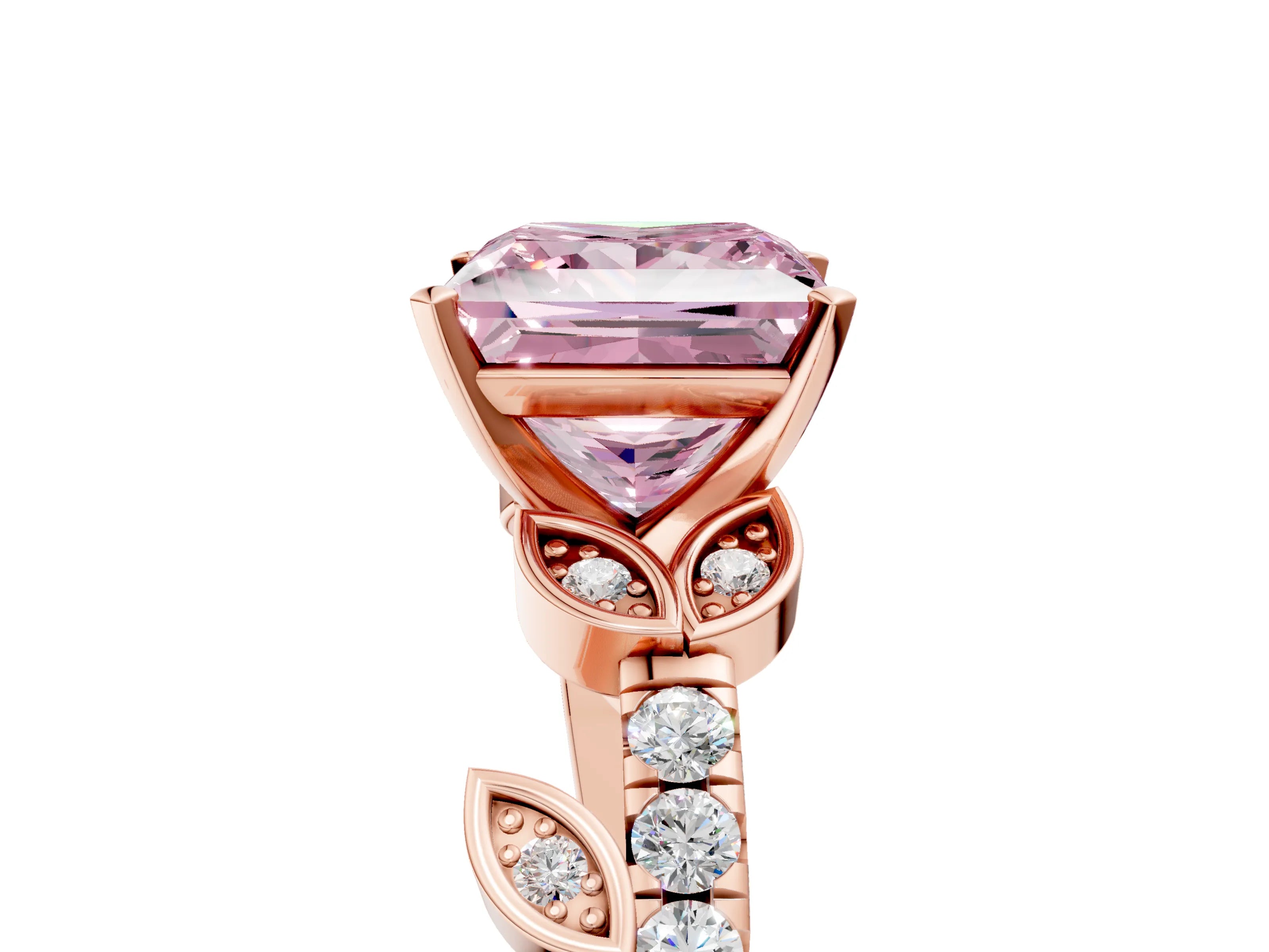 Rose gold Fancy Pink Princess Cut Solitaire Leaf-Inspired Diamond Ring with Pavé Band and Four-Prong Setting_5