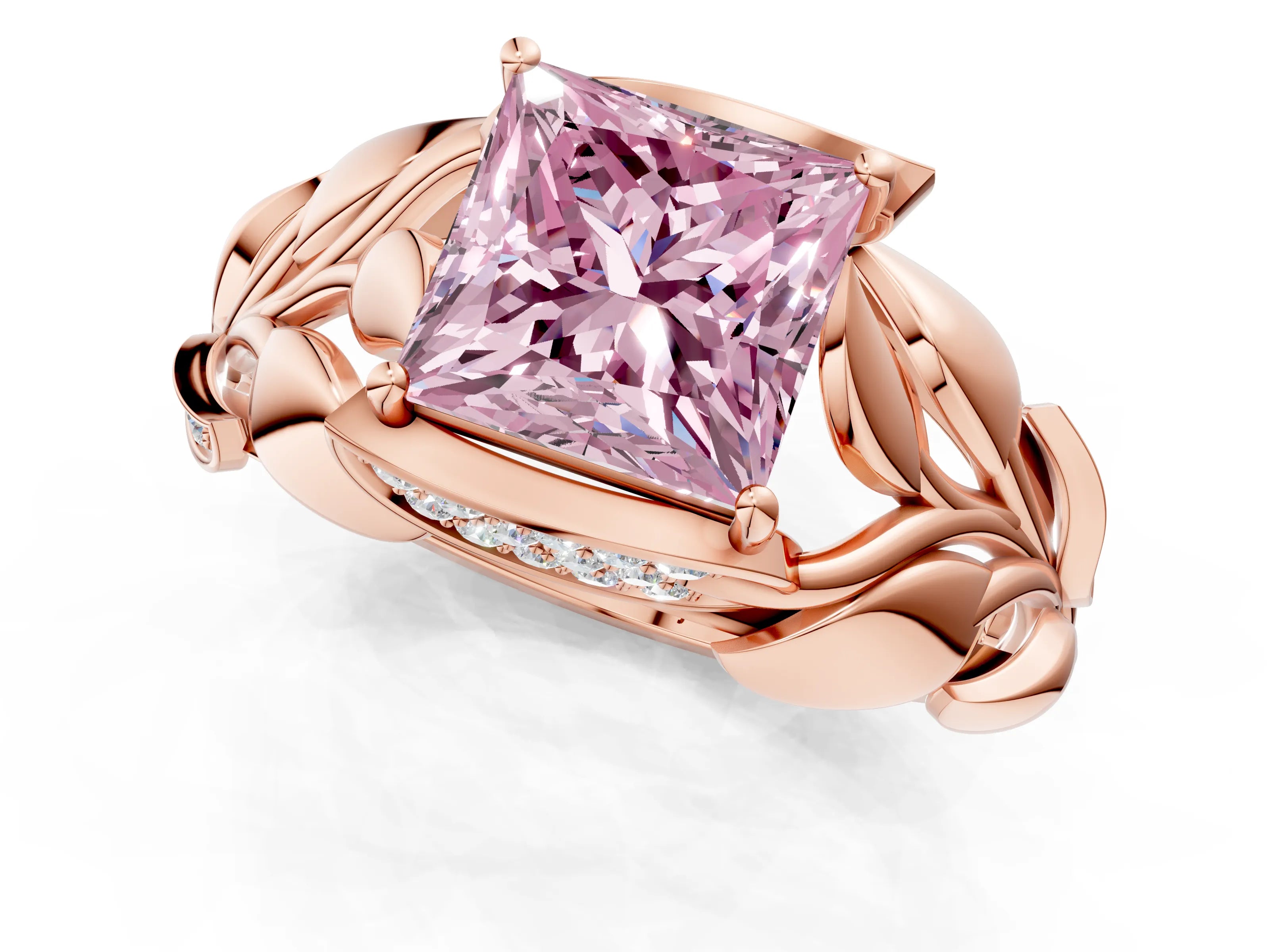 Rose gold Fancy Pink Princess Cut Solitaire Leaf-Inspired Engagement Ring with Prong Setting_1