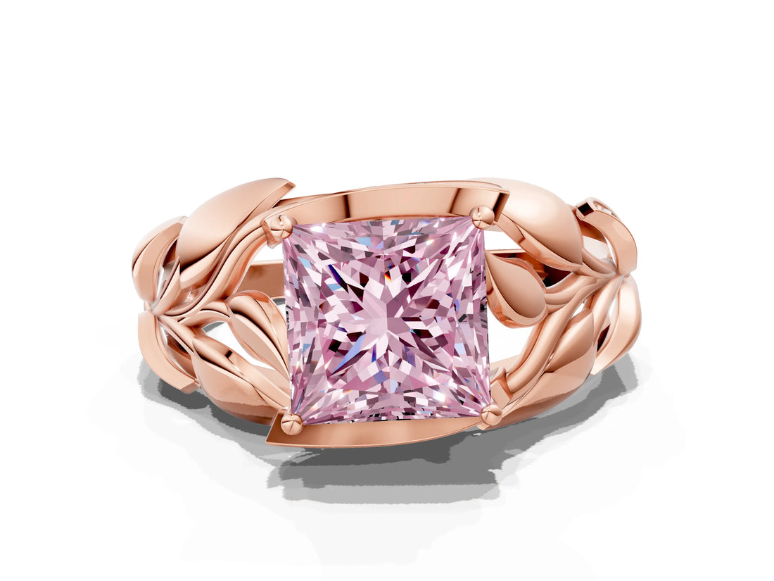 Rose gold Fancy Pink Princess Cut Solitaire Leaf-Inspired Engagement Ring with Prong Setting_14