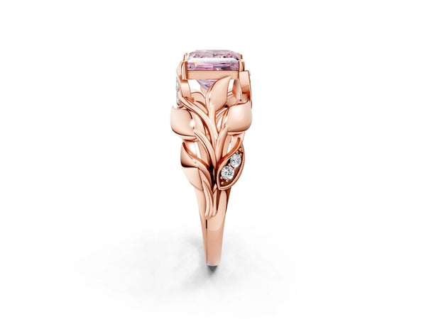 Rose Gold Princess Cut Pave Leaf Bypass Engagement Ring Setting for Fancy Pink Center