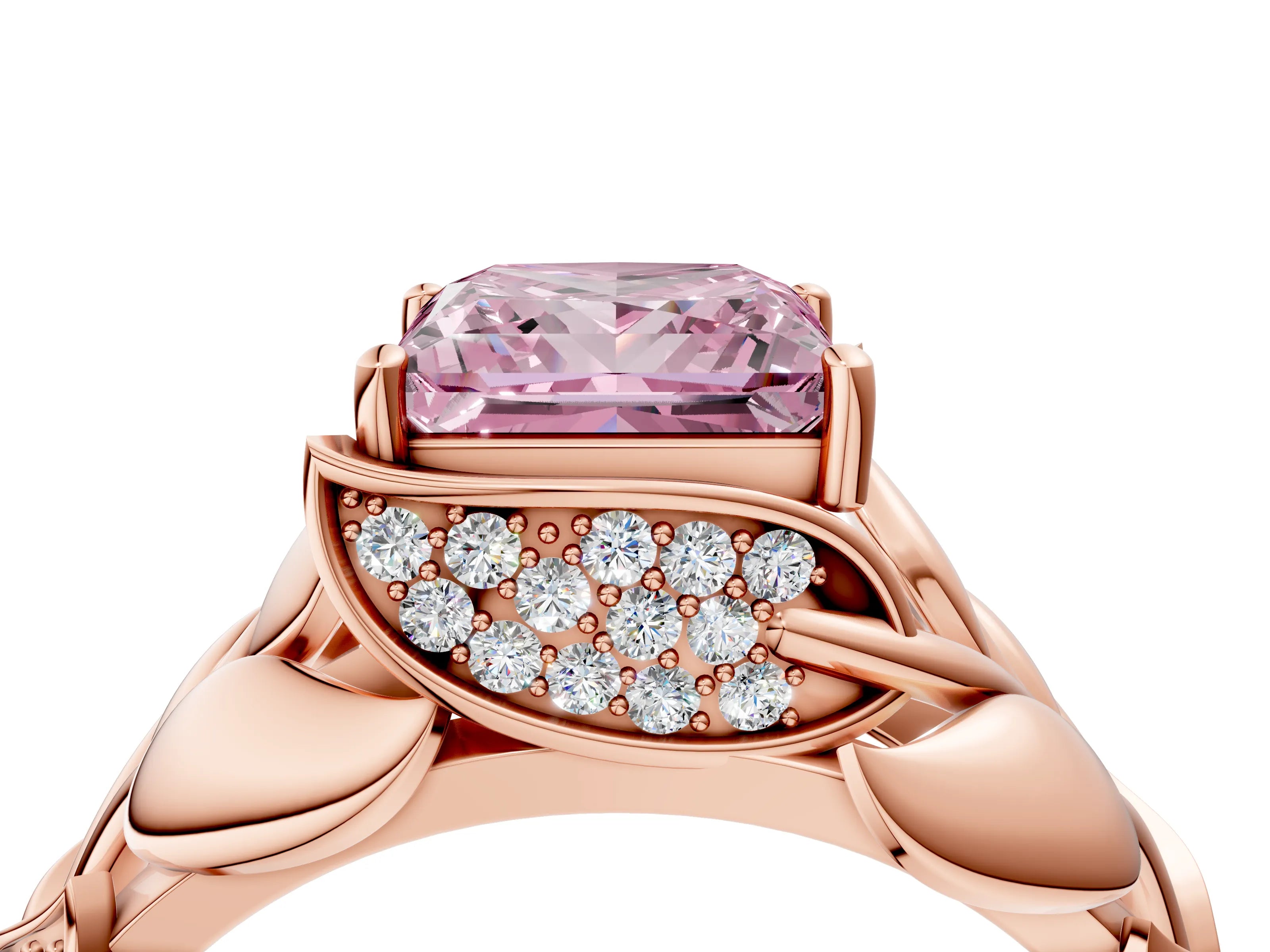 Rose gold Fancy Pink Princess Cut Solitaire Leaf-Inspired Engagement Ring with Prong Setting_4