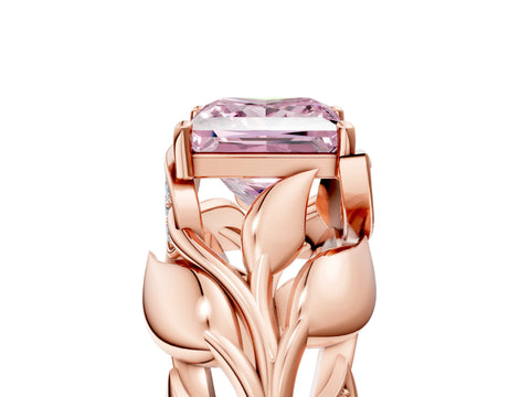 Rose gold Fancy Pink Princess Cut Solitaire Leaf-Inspired Engagement Ring with Prong Setting_5