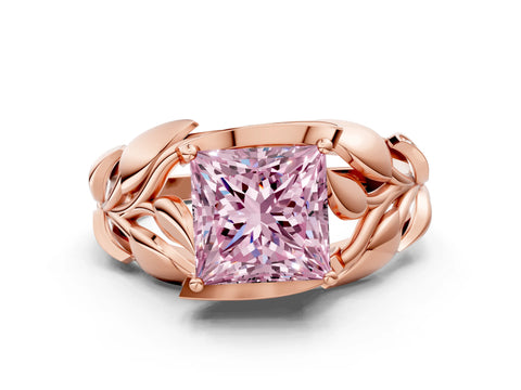 Rose gold Fancy Pink Princess Cut Solitaire Leaf-Inspired Engagement Ring with Prong Setting