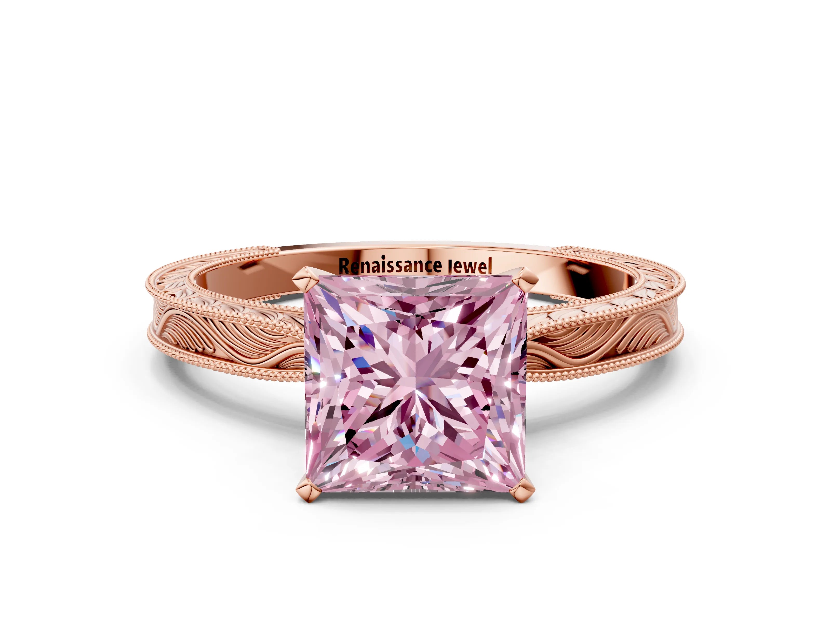 Rose gold Fancy Pink Princess Cut Solitaire Milgrain Engraved Band with Four-Prong Setting