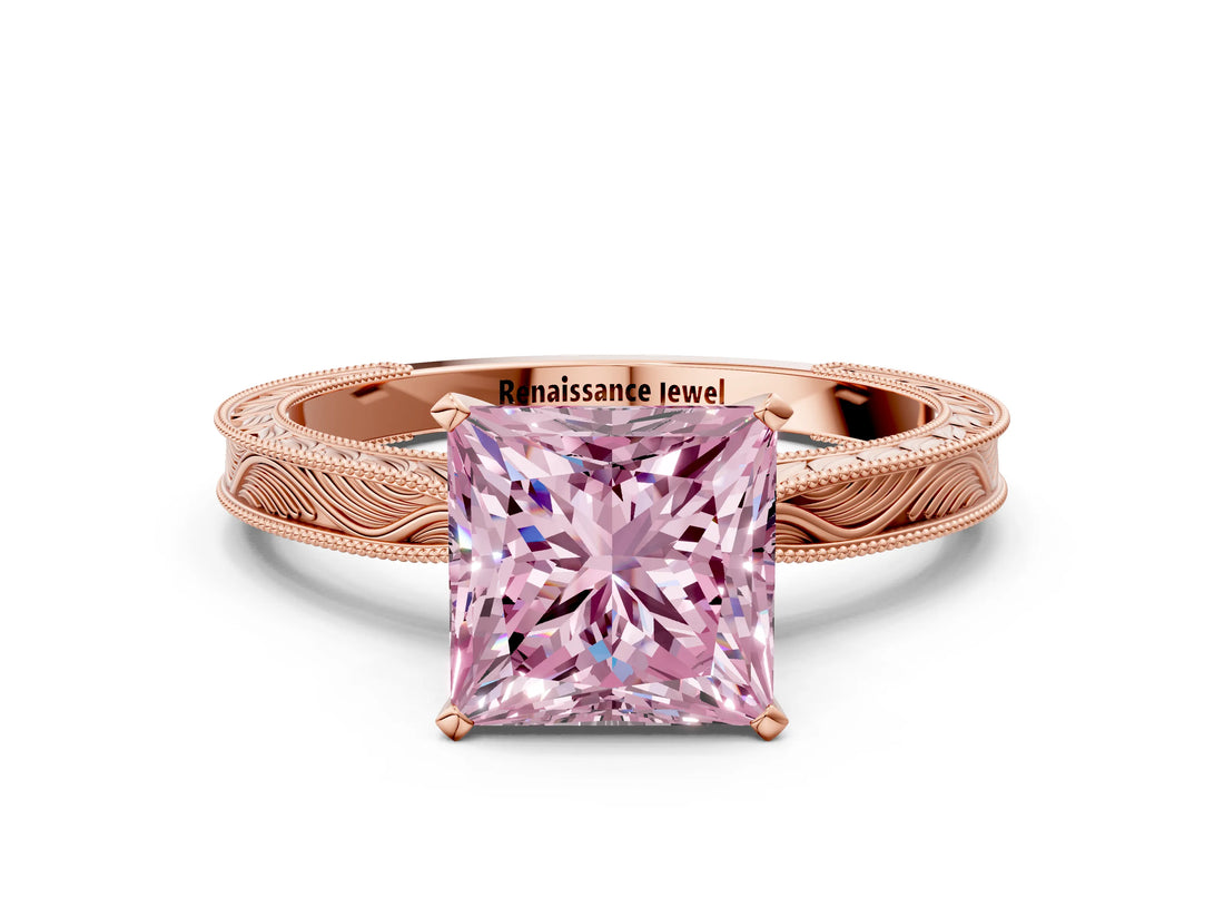 Rose gold Fancy Pink Princess Cut Solitaire Milgrain Engraved Band with Four-Prong Setting