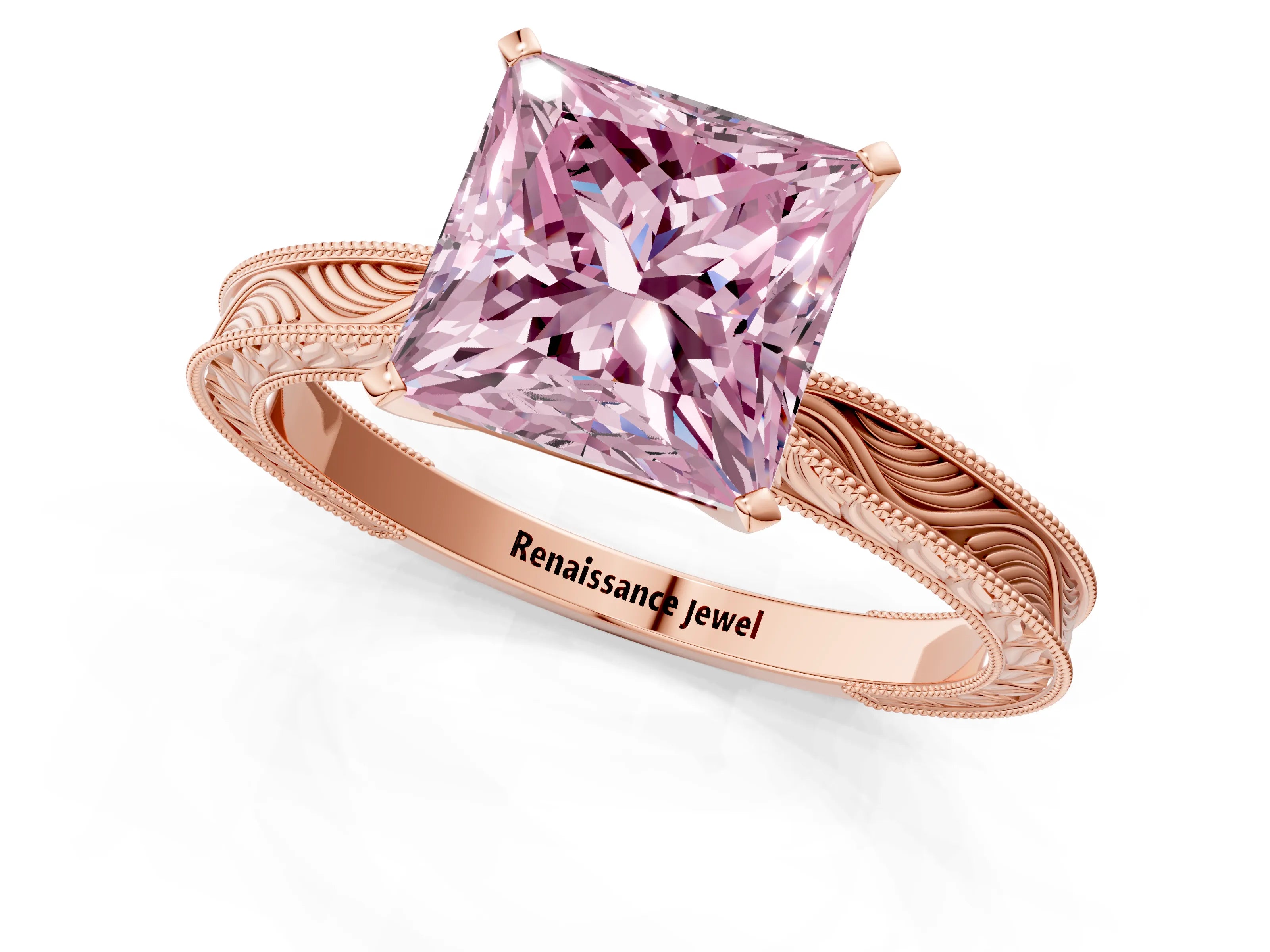 Rose gold Fancy Pink Princess Cut Solitaire Milgrain Engraved Band with Four-Prong Setting_1