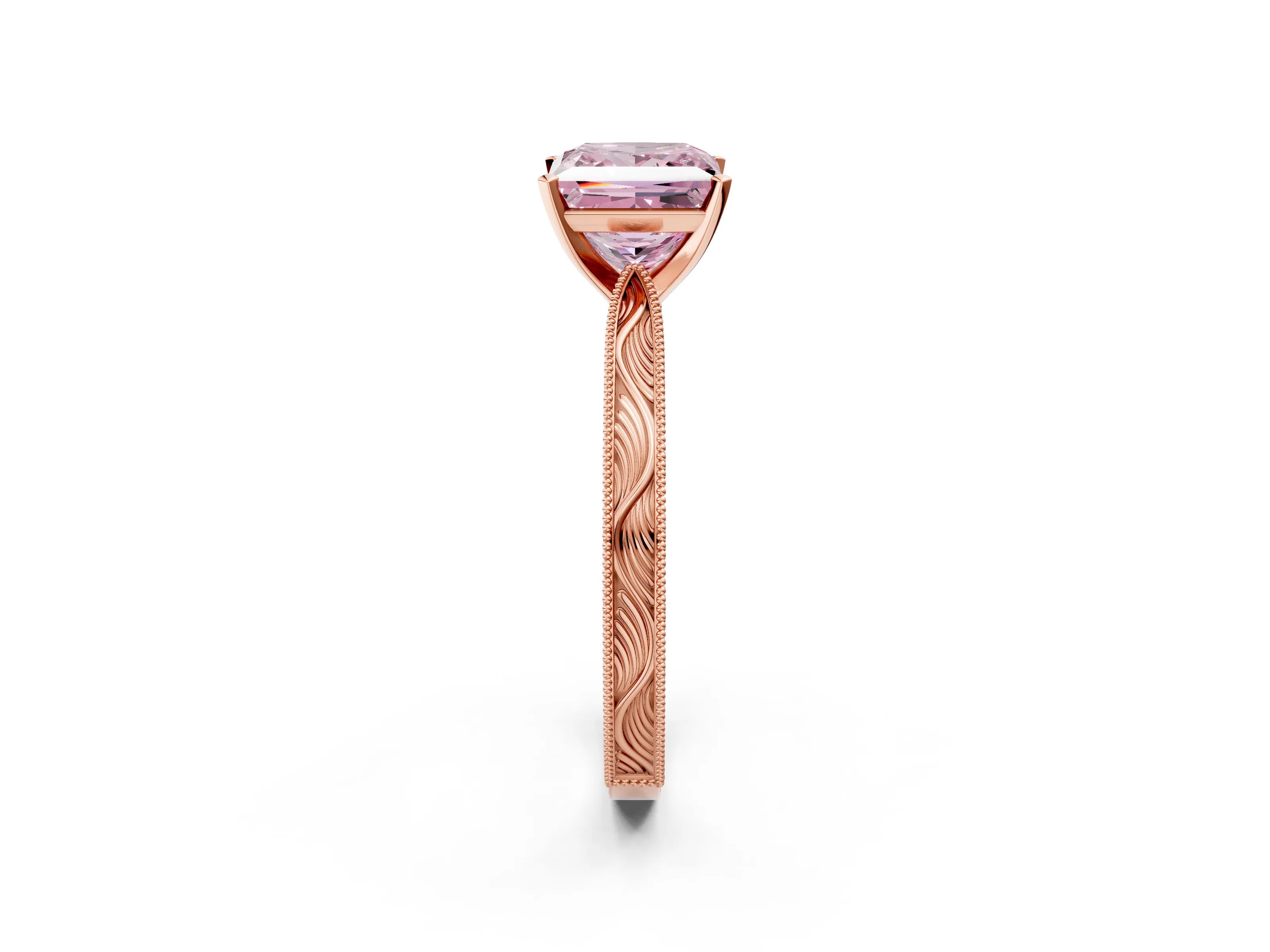 Rose gold Fancy Pink Princess Cut Solitaire Milgrain Engraved Band with Four-Prong Setting_2