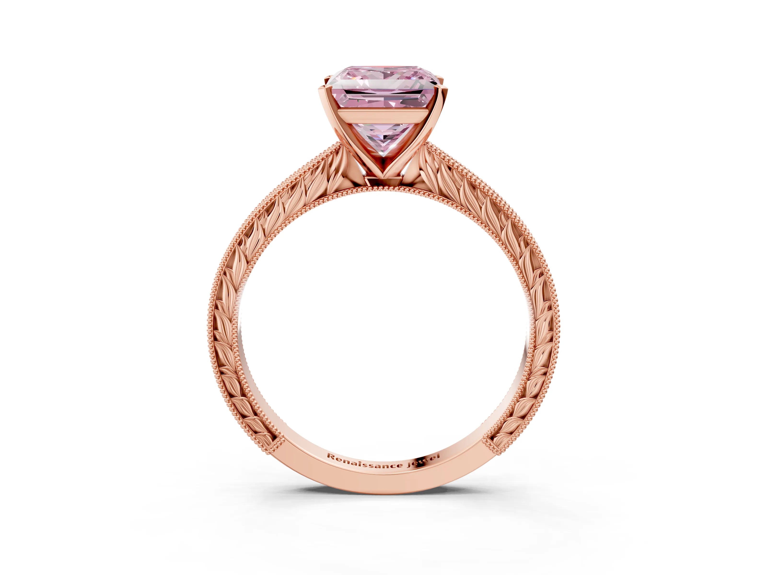 Rose gold Fancy Pink Princess Cut Solitaire Milgrain Engraved Band with Four-Prong Setting_3