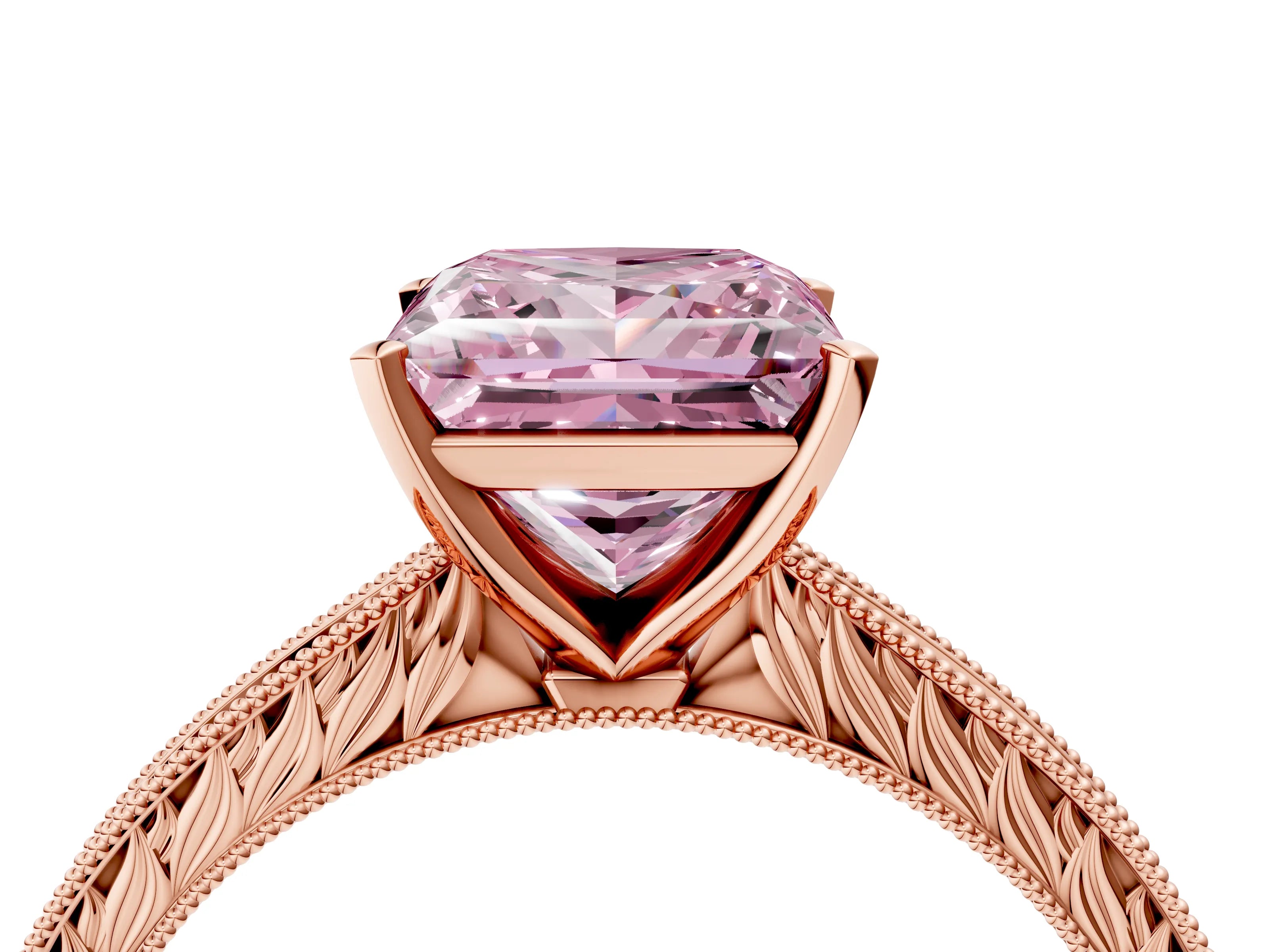 Rose gold Fancy Pink Princess Cut Solitaire Milgrain Engraved Band with Four-Prong Setting_4