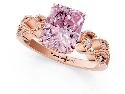 Rose gold Fancy Pink Princess Cut Solitaire Milgrain Leaf Band with Prong Setting_1