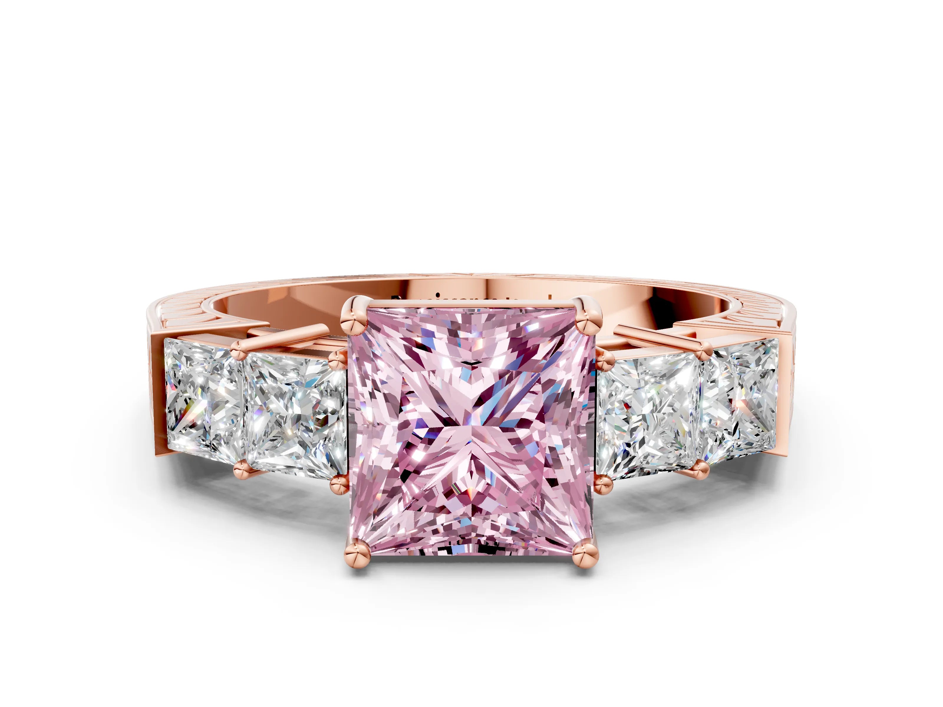 Rose gold Fancy Pink Princess Cut Solitaire Princess Side Stone Engraved Band Prong Setting Ring