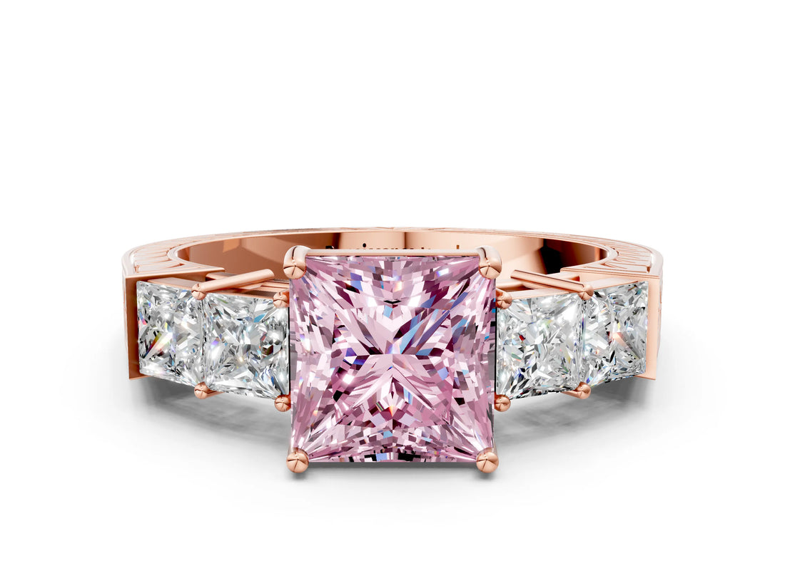 Rose gold Fancy Pink Princess Cut Solitaire Princess Side Stone Engraved Band Prong Setting Ring