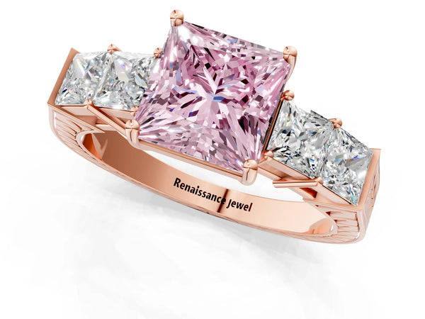 Rose gold Fancy Pink Princess Cut Solitaire Princess Side Stone Engraved Band Prong Setting Ring
