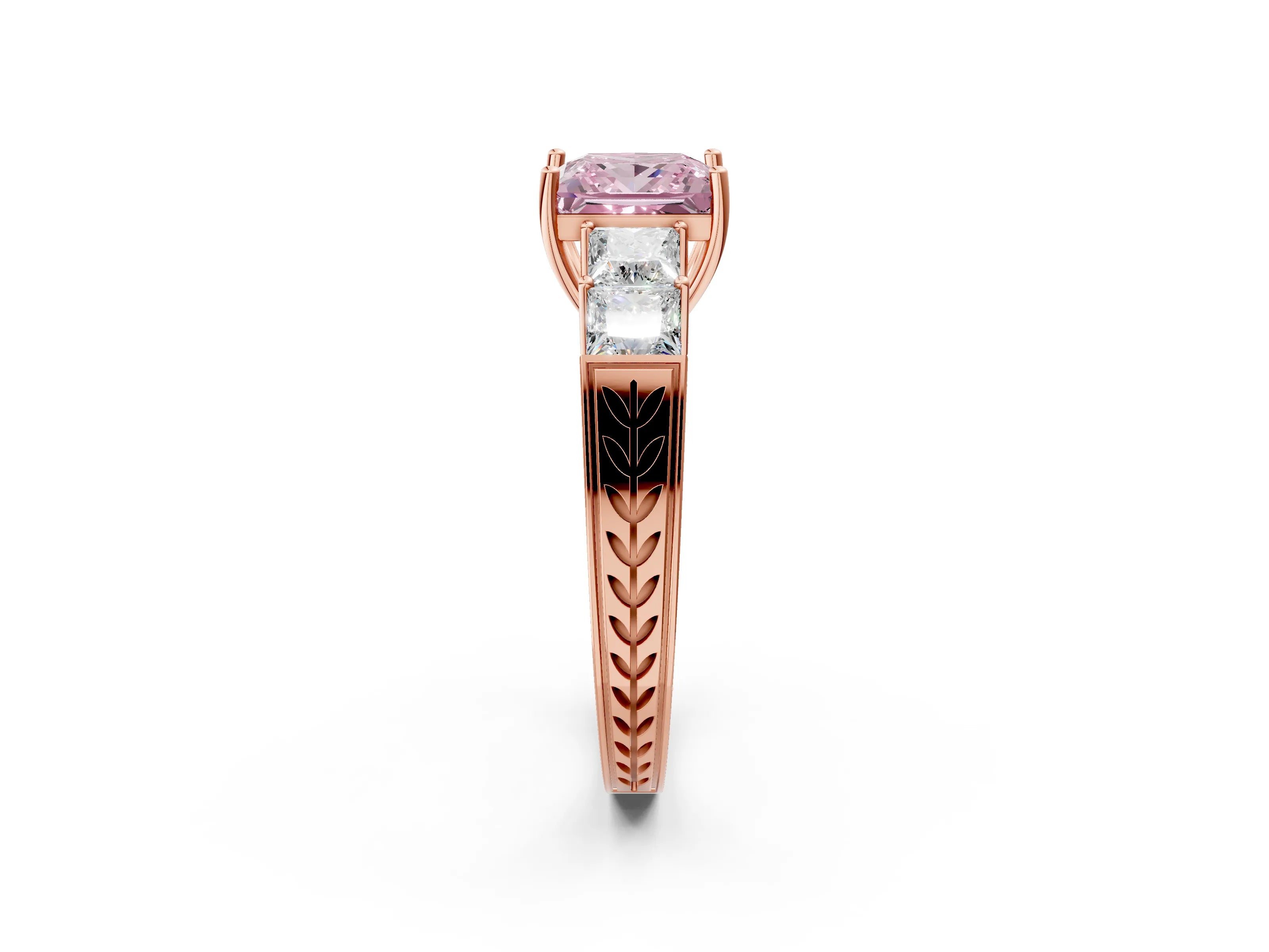Rose gold Fancy Pink Princess Cut Solitaire Princess Side Stone Engraved Band Prong Setting Ring_2