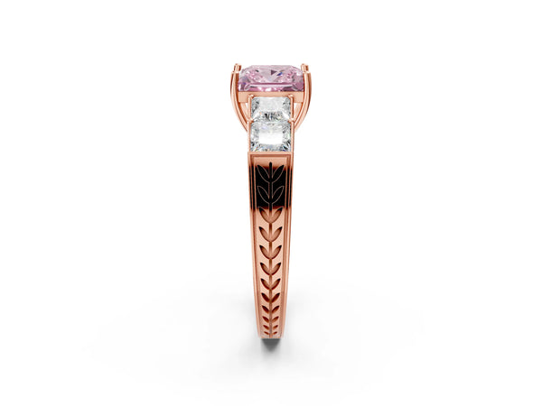 Rose gold Fancy Pink Princess Cut Solitaire Princess Side Stone Engraved Band Prong Setting Ring