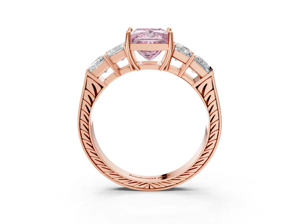 Rose gold Fancy Pink Princess Cut Solitaire Princess Side Stone Engraved Band Prong Setting Ring