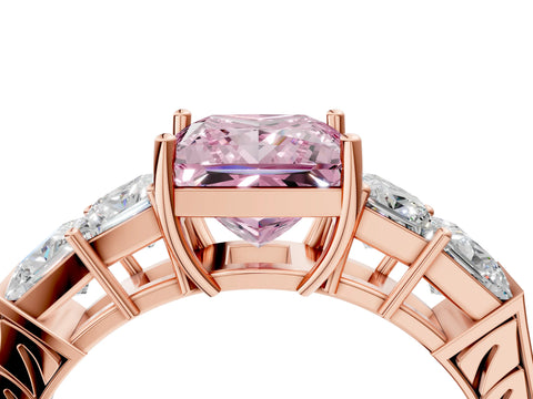 Rose gold Fancy Pink Princess Cut Solitaire Princess Side Stone Engraved Band Prong Setting Ring_4