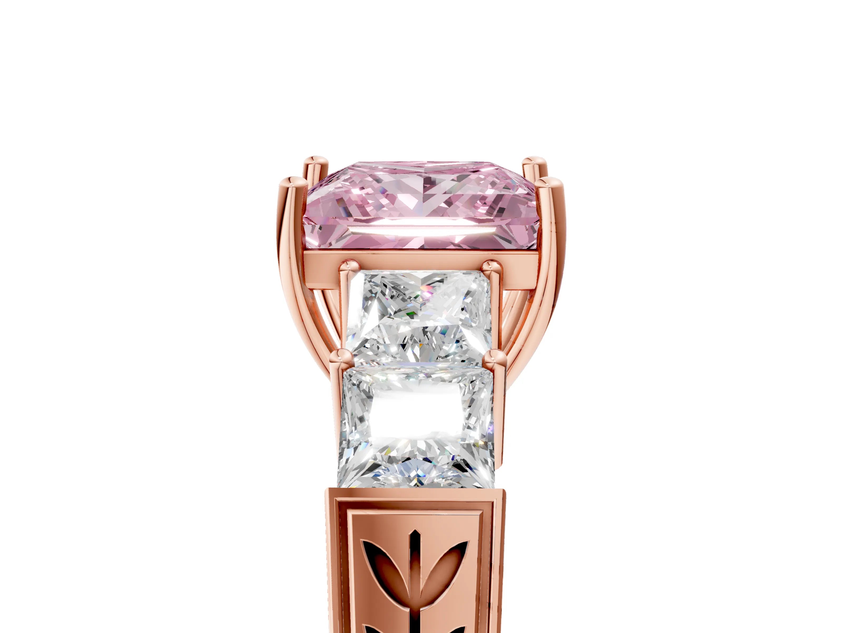 Rose gold Fancy Pink Princess Cut Solitaire Princess Side Stone Engraved Band Prong Setting Ring_5