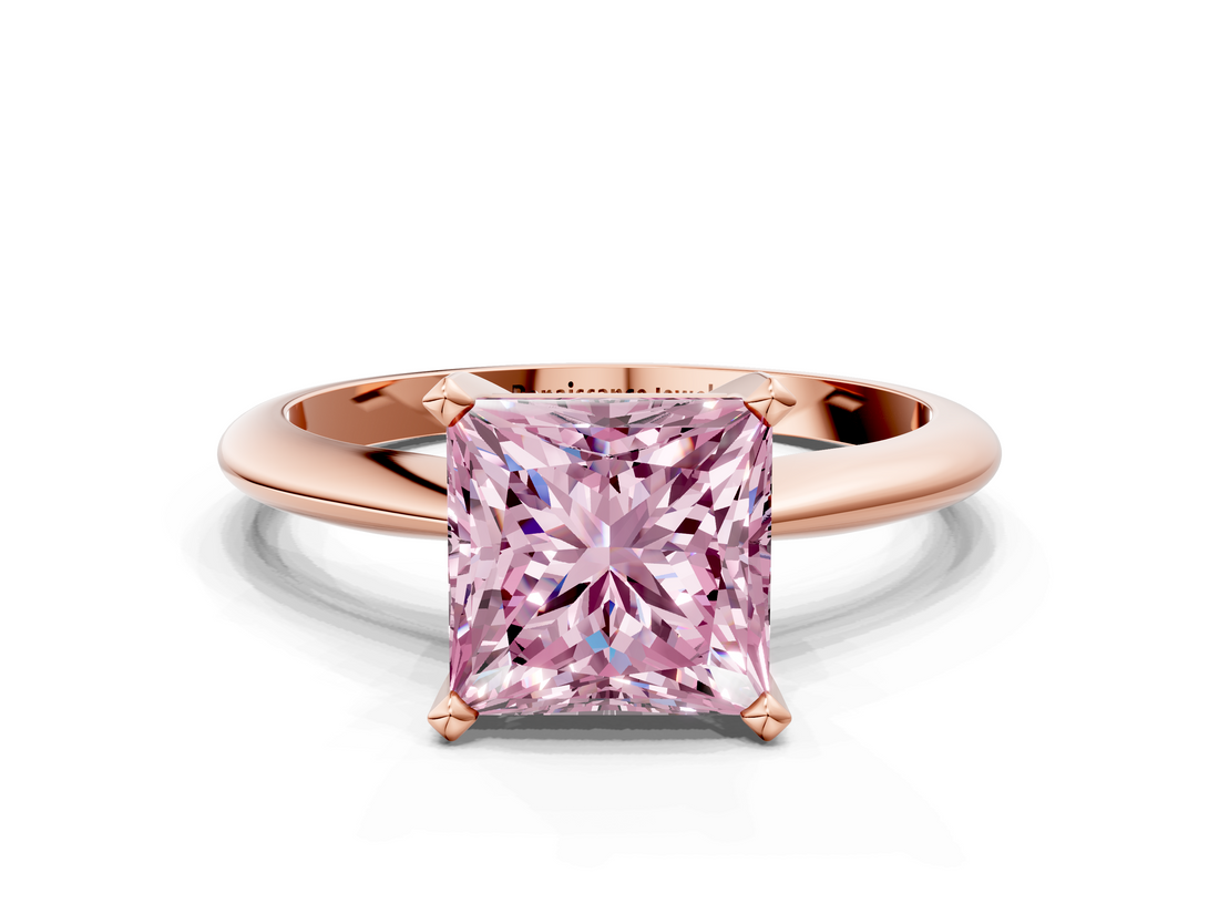 Rose gold Fancy Pink Princess  Cut Solitaire Ring with Four-Prong Setting on a Classic Band