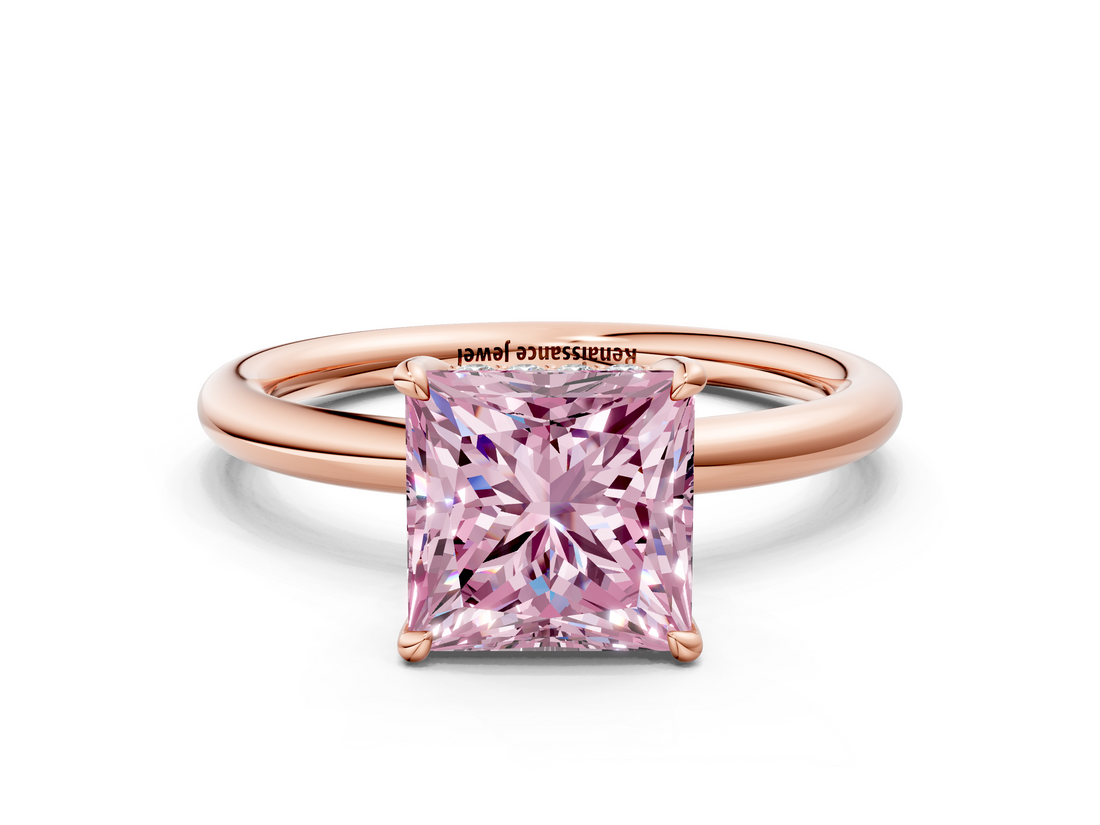 Rose gold Fancy Pink Princess  Cut Solitaire Ring with Thin Band and Four-Prong Setting