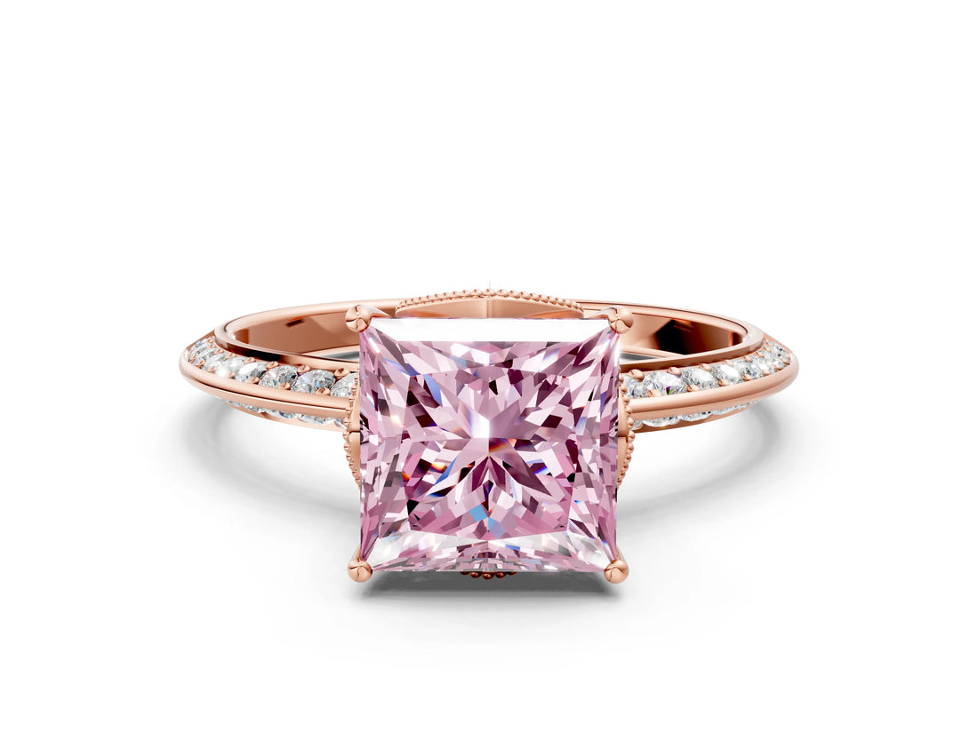 Rose gold Fancy Pink Princess Cut Solitaire Split Shank Pave Diamond Engagement Ring with Four-Prong Setting