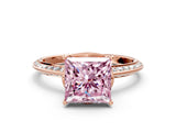 Rose gold Fancy Pink Princess Cut Solitaire Split Shank Pave Diamond Engagement Ring with Four-Prong Setting