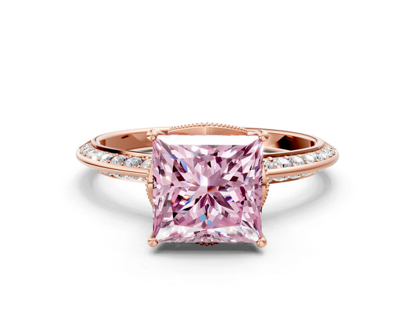Rose Gold Princess Cut Graduated Pave Engagement Ring Setting for Fancy Pink Center
