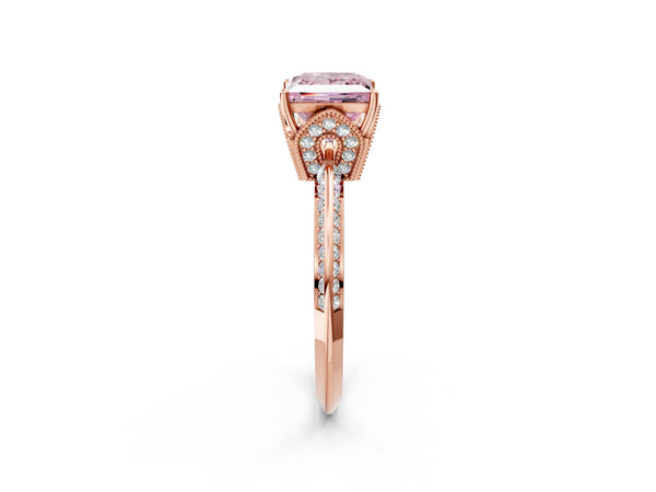 Rose Gold Princess Cut Graduated Pave Engagement Ring Setting for Fancy Pink Center