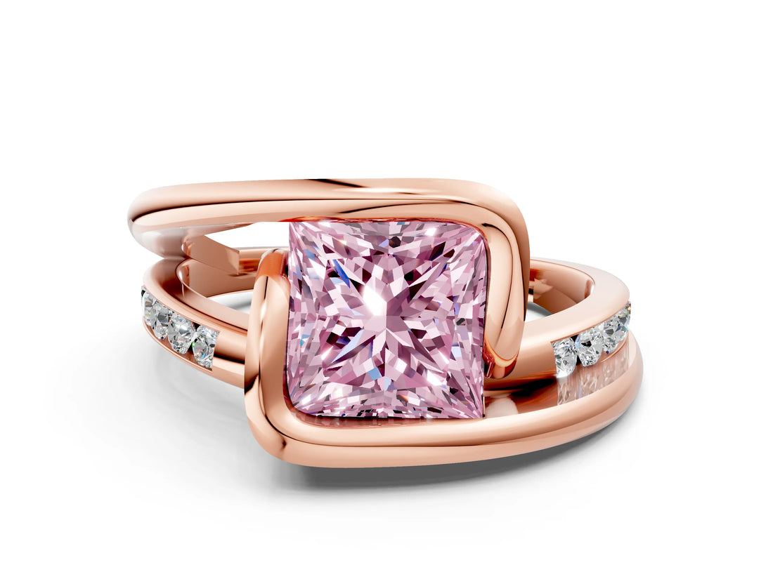 Rose gold Fancy Pink Princess Cut Solitaire Tension-Set Diamond Split Shank Ring