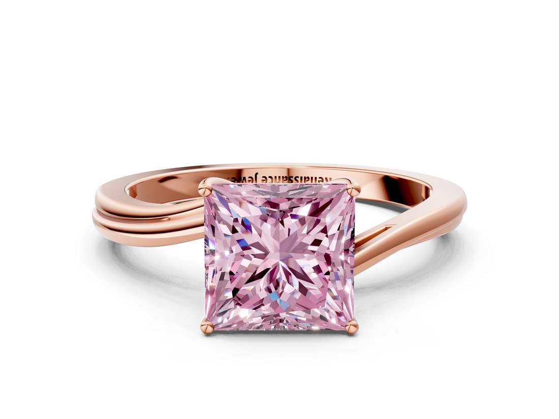 Rose gold Fancy Pink Princess  Cut Solitaire Twist Band Ring with Four-Prong Setting