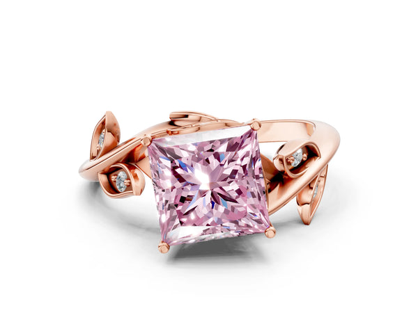 Rose gold Fancy Pink Princess Cut Solitaire Twist Engagement Ring with Leaf Accents and Prong Setting