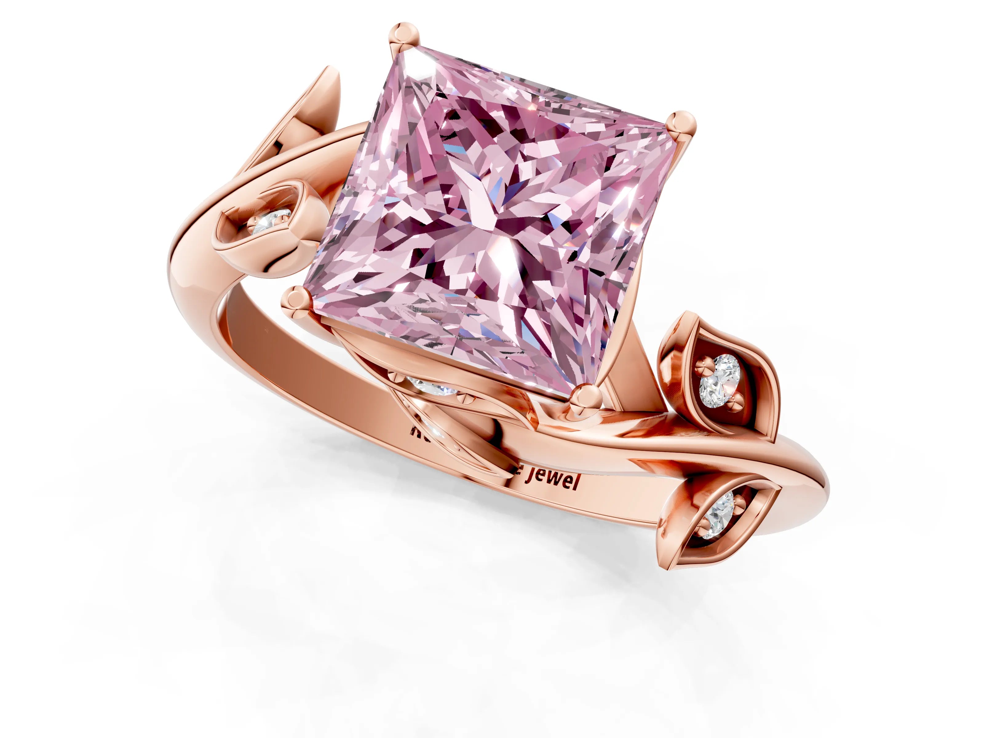 Rose gold Fancy Pink Princess Cut Solitaire Twist Engagement Ring with Leaf Accents and Prong Setting_13