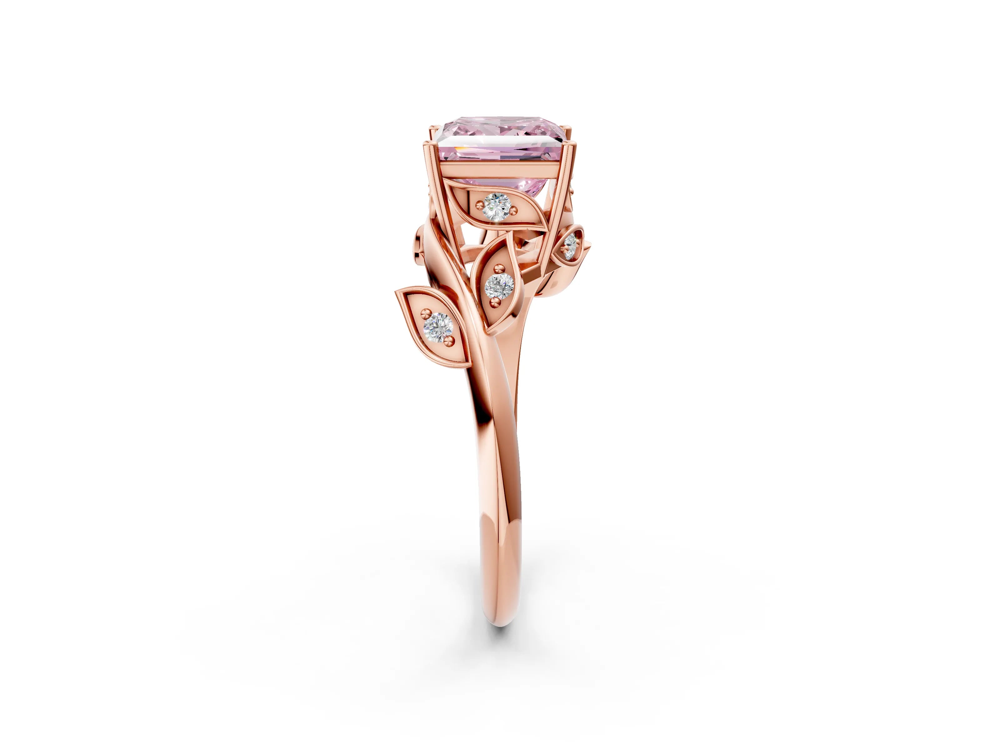Rose gold Fancy Pink Princess Cut Solitaire Twist Engagement Ring with Leaf Accents and Prong Setting_14
